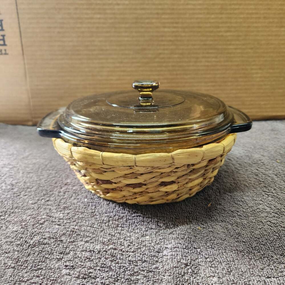 Anchor Hocking amber glass dish with lid and basket b55